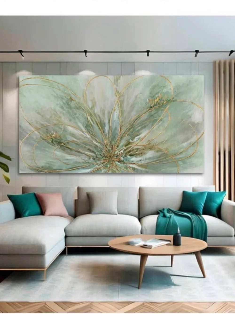 YJYart Abstract Wall Art Green and Gold Hand Painted Oil Painting Blossom Botani